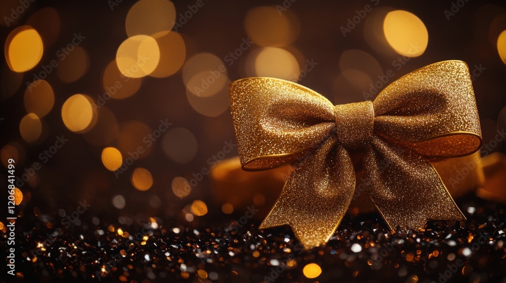 Poster elegant golden bow resting on glittering surface with soft bokeh lights in the background creating a