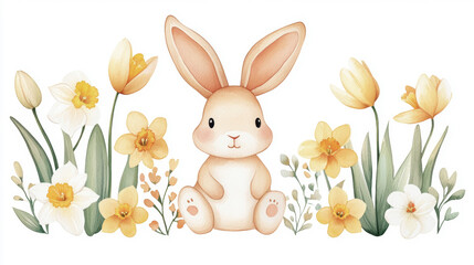 Fototapeta premium Cute bunny surrounded by spring flowers in pastel colors