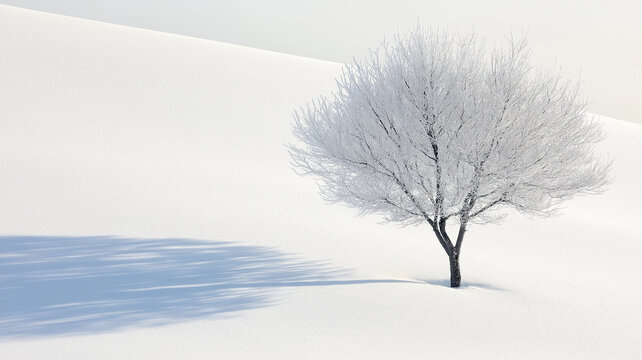 A solitary frosted tree in a vast snow-covered field with long shadows and footprints leading into the serene winter landscape.