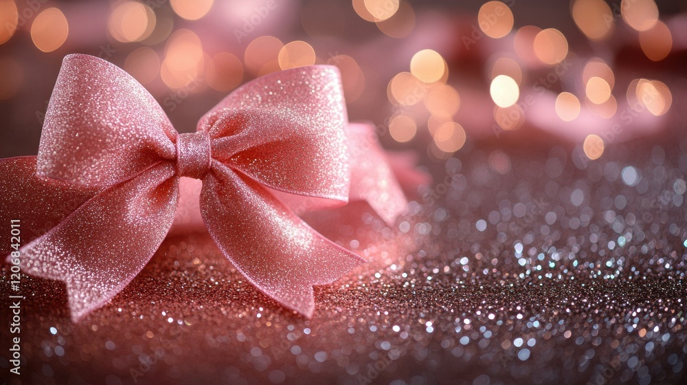 Poster sparkling pink bow on a glittered surface with soft glowing lights in the background for festive cel