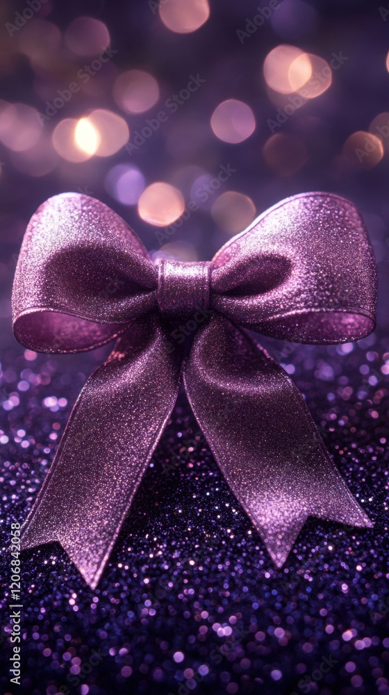Poster Sparkling purple bow resting on shimmering glitter background with soft bokeh lights creating a magical atmosphere