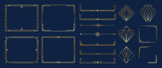 Collection of geometric art deco ornament vector. Luxury golden decorative elements with different line, frame, header, divider, border. Set of elegant design suitable for card, invitation, poster. © TWINS DESIGN STUDIO