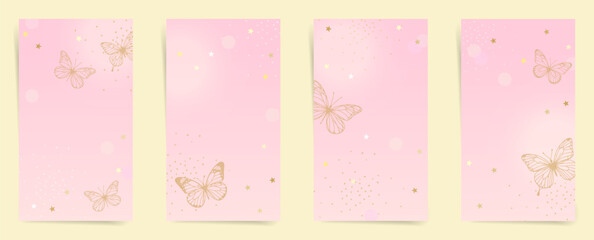 Soft pink background with gold butterfly pattern for elegant invitations and posts
