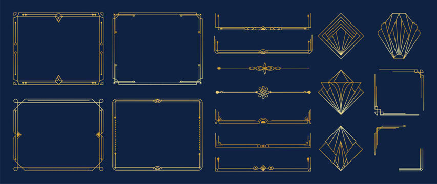 Collection of geometric art deco ornament vector. Luxury golden decorative elements with different line, frame, header, divider, border. Set of elegant design suitable for card, invitation, poster.