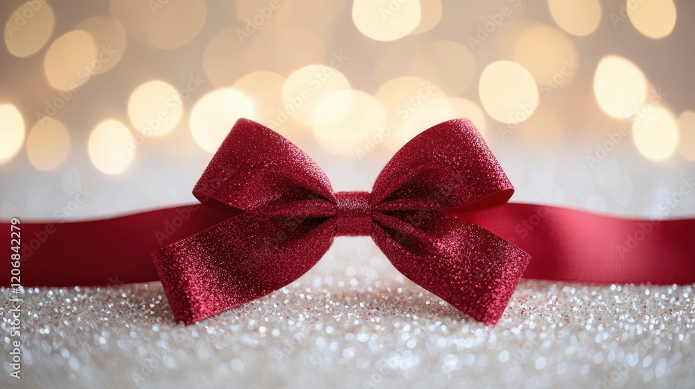 Poster Elegant red bow resting on a glittery surface with a soft bokeh background during the festive season