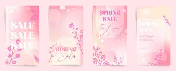 Set of Spring Floral Posters. Elegant modern art template designs. Invitation and greeting card layouts with pastel floral patterns. Pink gradient banner and flyer set for seasonal promotions.