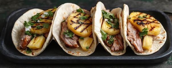 Soft tacos filled with pork al pastor and grilled pineapple slices