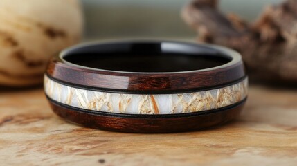 A wedding band with inlaid wood detailing on a natural backdrop.