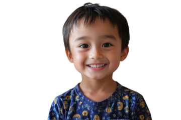 Smiling boy wearing a blue floral shirt with short black hair and bright eyes showcasing joy and innocence indoors