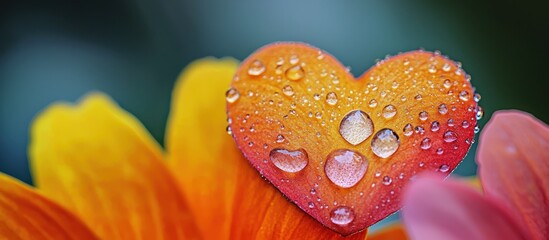 Macro view of heart-shaped water droplet on vibrant flower petal