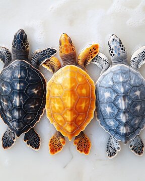 Three Baby Sea Turtles Unique Shell Colors Adorable Wildlife Ocean Nature