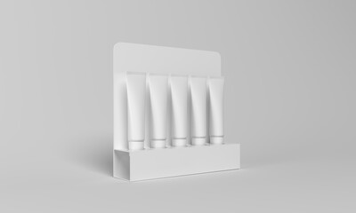 3D render of white cosmetic tubes on a minimalist stand mockup