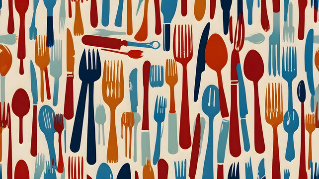 Modern cutlery-themed pattern with colorful forks, knives, and spoons in diagonal alignment