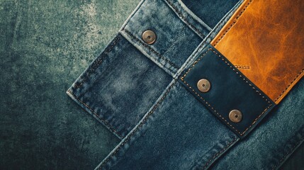 Naklejka premium Blue jeans with a leather waistband patch, arranged diagonally on a surface.