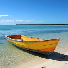 Fototapeta premium Tranquil Yellow Boat on a Pristine Tropical Beach Scene