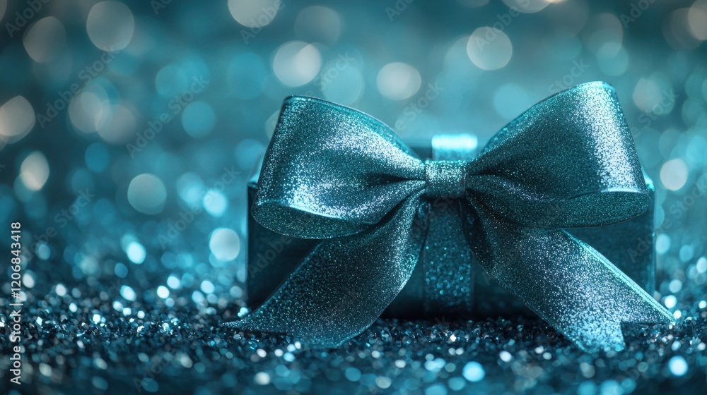 Aufkleber gift box adorned with a shimmering turquoise bow resting on a bed of sparkling gems creating a festi