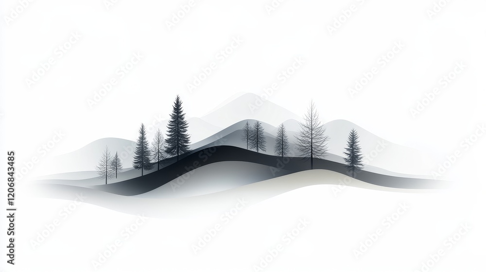 Poster serene landscape in monochrome tones featuring wispy mountains and sparse trees for a minimalist aes