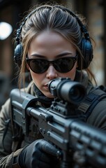 Fototapeta premium Professional Female Sniper in Action Precision Skill and Full Tactical Gear with Intense Focus