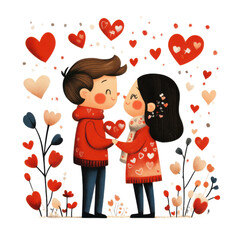A couple is holding hands and gazing into each other's eyes, surrounded by a flurry of colorful hearts and blooming flowers. The joyful scene celebrates love and connection