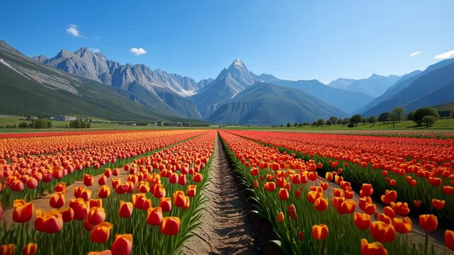 Vibrant tulip field stretching towards majestic mountains under a clear blue sky, showcasing natural beauty and colorful landscapes in springtime scenery.