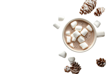 Warm hot chocolate with marshmallows and pinecones arranged on a white background for winter comfort