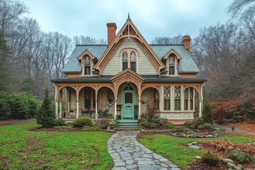 Naklejka premium Front porch and entrance of an old New England home with light tan siding, white trim, mint green accents, stone path, and shingle roof.