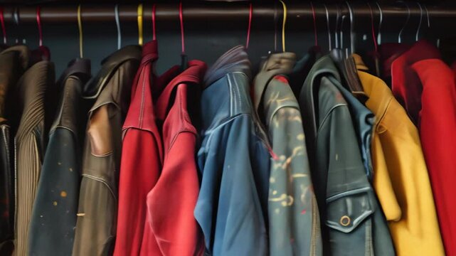 Collection of colorful jackets hanging on a rack in a vintage clothing store in autumn