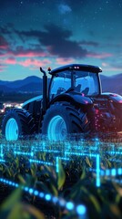 Smart Farming Revolution: 3D Cartoon Tractor on Laptop with Glowing Blue-Purple Hologram. Online Agricultural Management System in Futuristic Rural Landscape with Cornfields and Mountains.