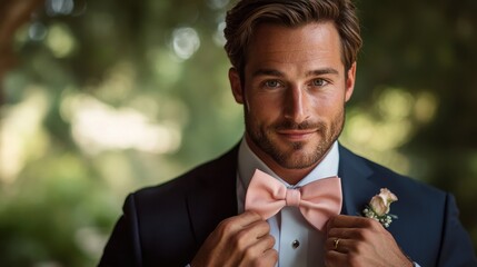 Groom adjusting his bow tie while preparing for the wedding ceremony surrounded by lush greenery on a sunny afternoon