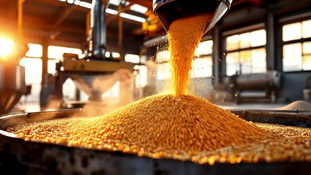 Processing facility pouring grains into a hopper.