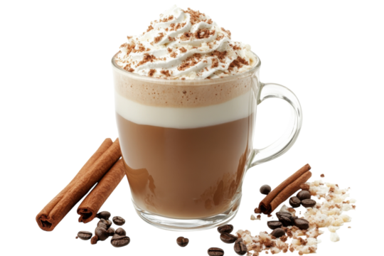 Delightful creamy beverage topped with whipped cream and cocoa beside coffee beans and cinnamon sticks