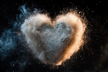 Metallic powder explosion in heart shape, dark background, copy space center