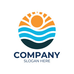 Sun sea wave logo sunset beach coast icon symbol vector, summer Wave sun Logo Sign Design Icon