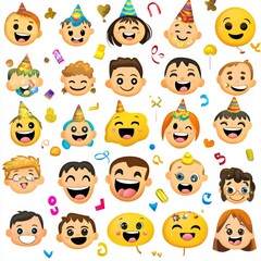 Obraz premium Colorful Collection of Cartoon Faces with Party Hats and Cheerful Expressions Ideal for Celebrations, Birthdays, and Fun-Themed Designs Featuring Various Emotions and Styles