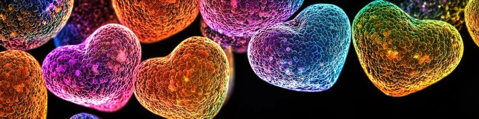 Microscopic view of heart-shaped cells, vibrant colors on black