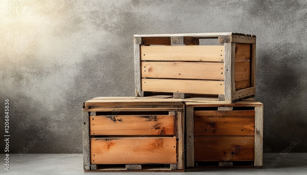 Poster Rustic Wooden Crates Stacked Against a Textured Gray Background