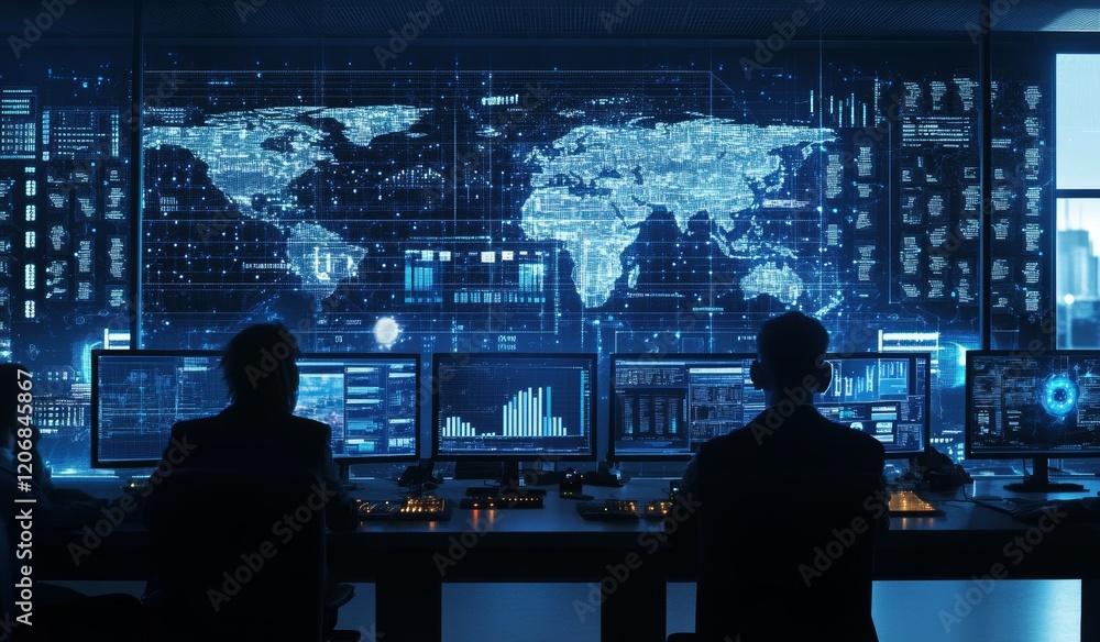 Poster Global network security team monitoring digital world map on large screens.