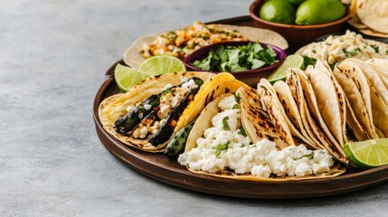 Taco platter with grilled cactus, queso fresco, and lime wedges