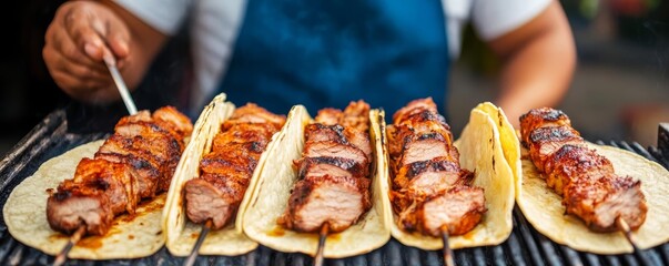 Taco vendor grilling marinated al pastor pork on a spit