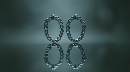 Delicate chain-link earrings arranged symmetrically on a reflective glass panel.