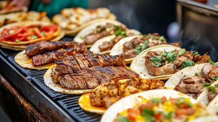 Taco vendor serving freshly grilled meats on hot corn tortillas