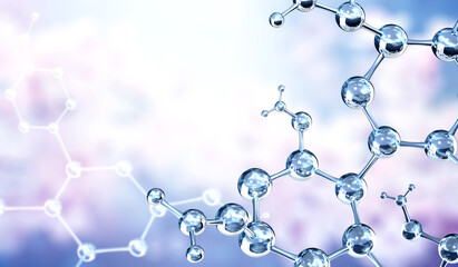 Horizontal banner with model of abstract molecular structure. Background of blue color with glass atom model. Copy space for your text. 3d render