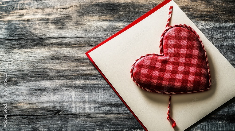 Poster red checkered heart on a white card with rustic background
