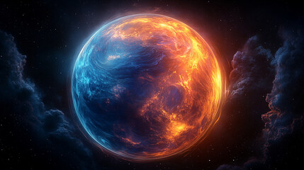 Fototapeta premium Cosmic planet glowing with fire and ice elements in deep space, surrounded by stars and nebula clouds. Abstract celestial world concept