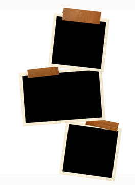 Template collage with three retro frame photos and adhesive tape stripes. Moodboard pictures album for scrapbooking. Vintage style mood board layout. Isolated on white background. Copy space for photo