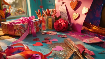 Fototapeta premium DIY Valentine's Gift Wrapping Scene with Vibrant Colors