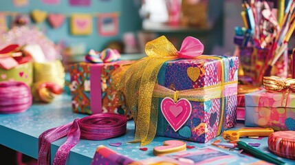 Vibrant DIY Valentine's Gift Wrapping Scene