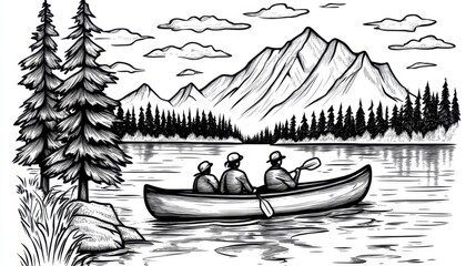 Canoeing adventure among mountains and trees in a serene black and white coloring page for relaxation and creativity