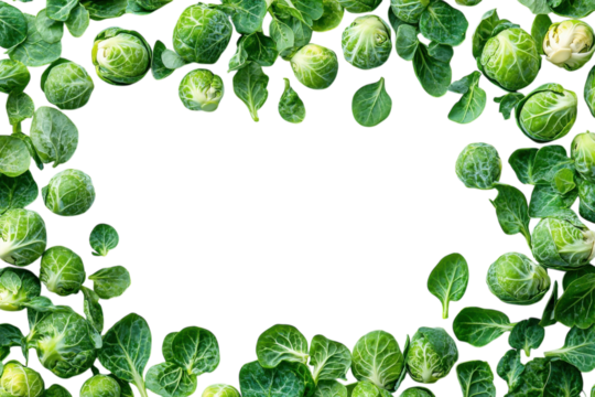 Fresh brussels sprouts and leafy greens arranged in a decorative border on a white background