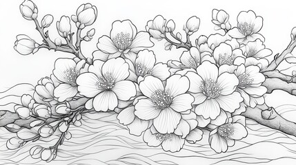 Intricate cherry blossom tree branch design inviting creativity and relaxation for coloring enthusiasts